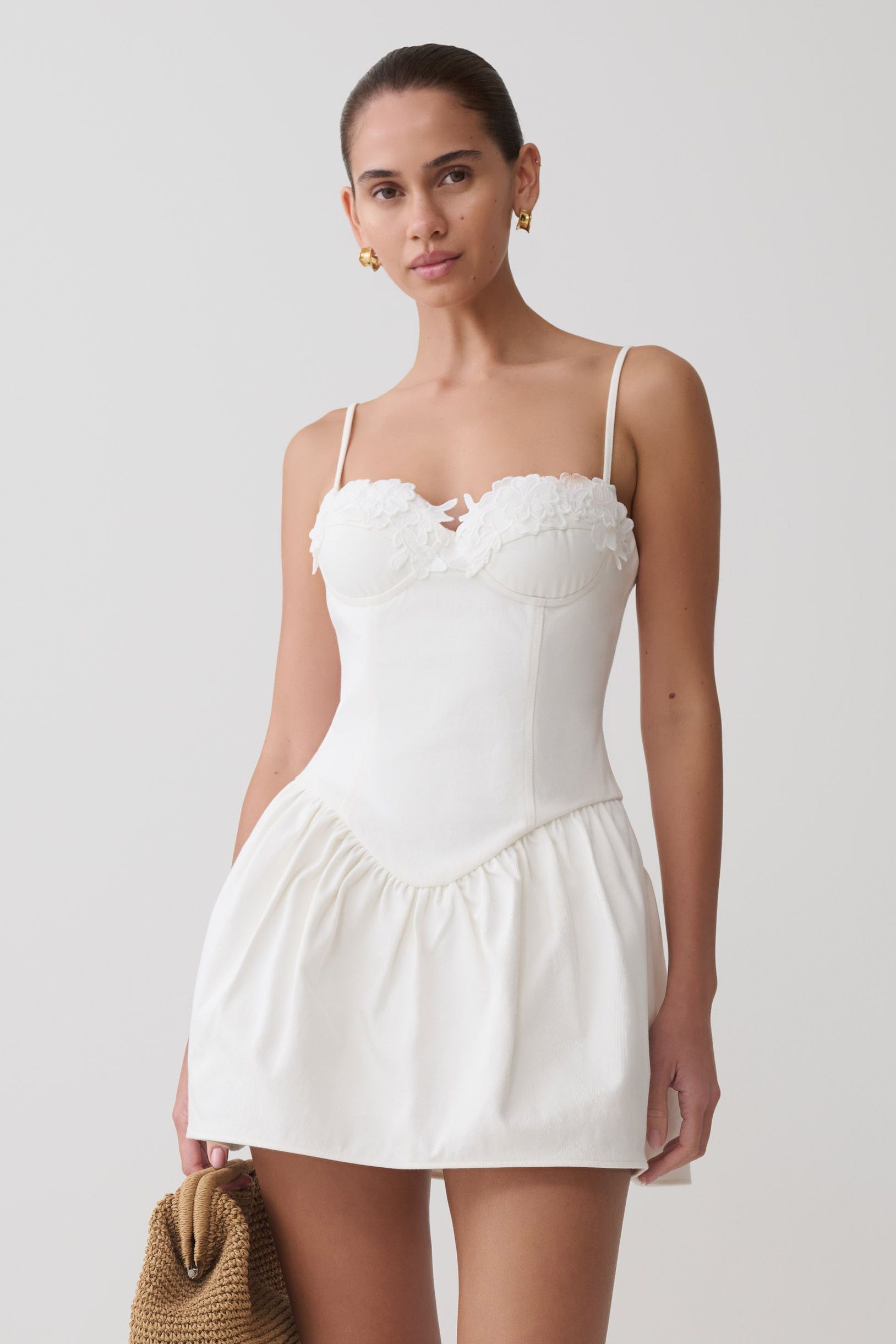 Emary Applique Denim Bustier Mini Dress - White