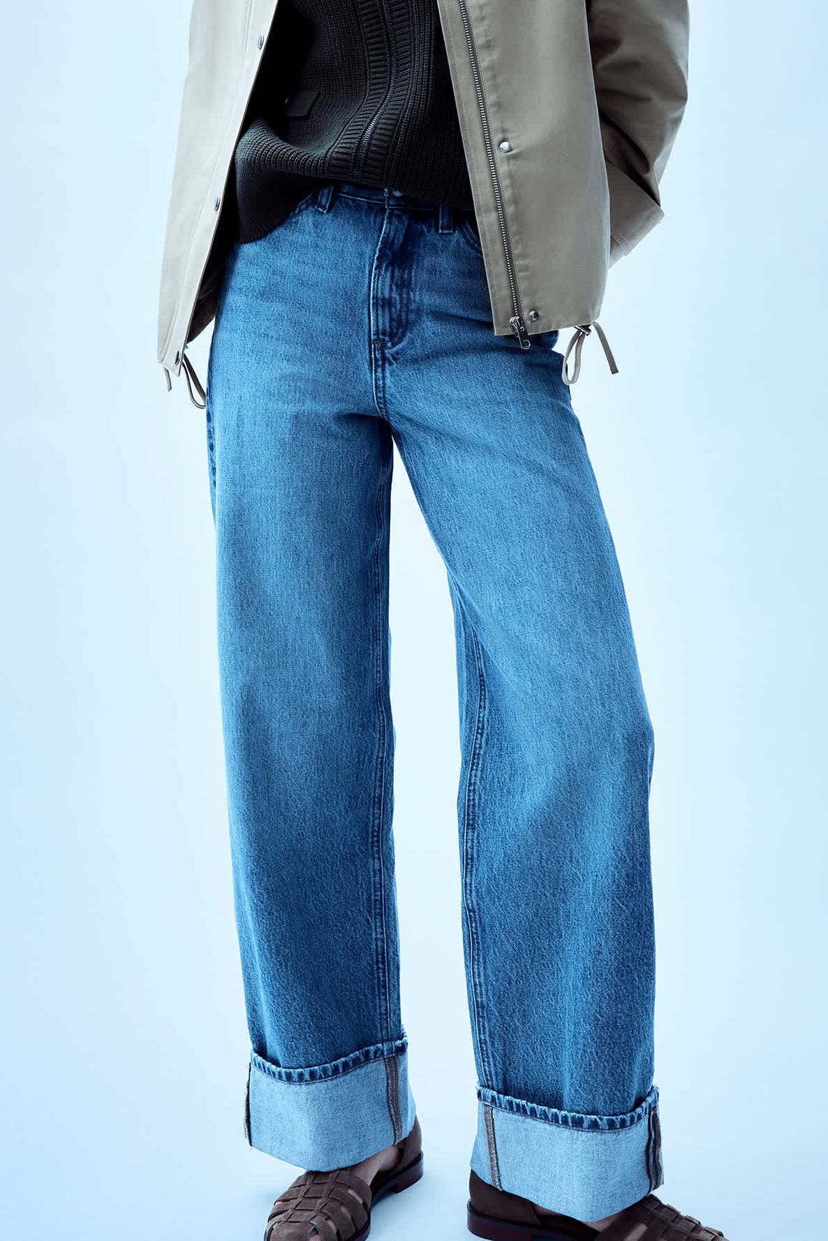 High Waisted Wide Leg Turn Up Jeans