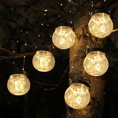 Solar Lanterns Solar Lights Outdoor Waterproof 6-Pack, Solar Powered Hanging Lights Cracked Glass Hanging Globes for Christmas Decoration, Shepherd Hook, Garden Tree Ornaments
