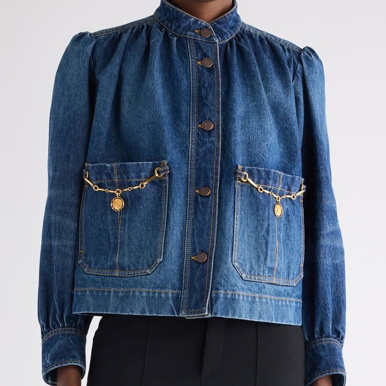 Chain Detail Puff Shoulder Denim Jacket