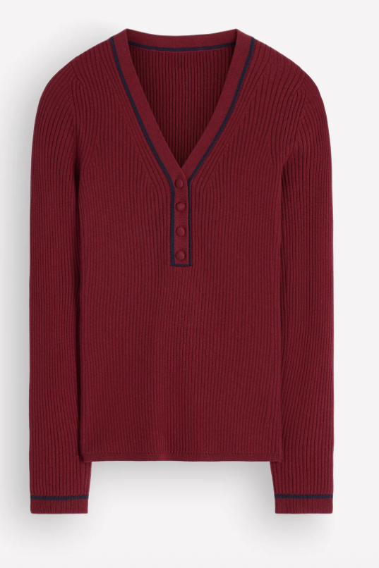 Boden, Paula Ribbed V Neck Jumper-Merlot