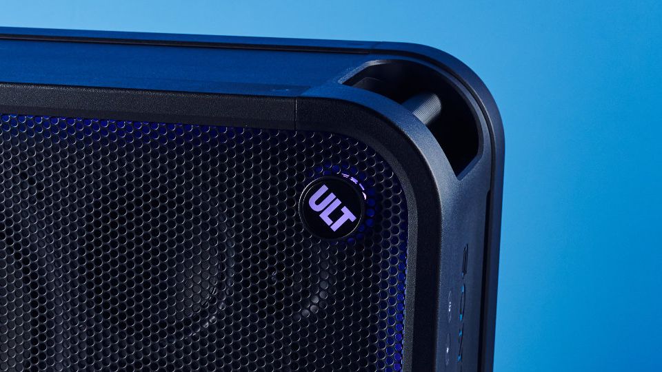 A black Sony ULT Tower 7 party speaker