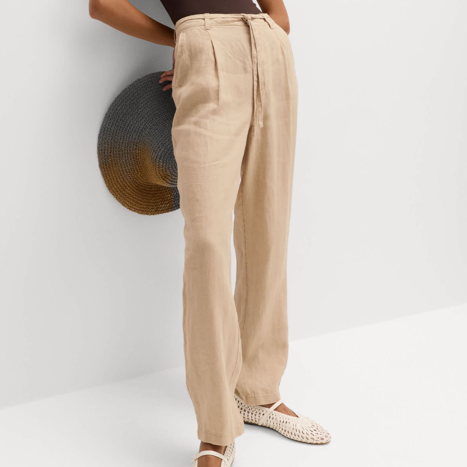 Pure Linen Pleat Front Belted Tapered Trousers