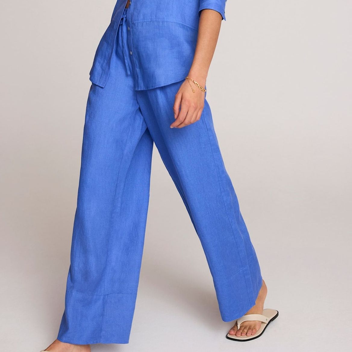 Blue Linen Drawstring Wide Leg Trousers