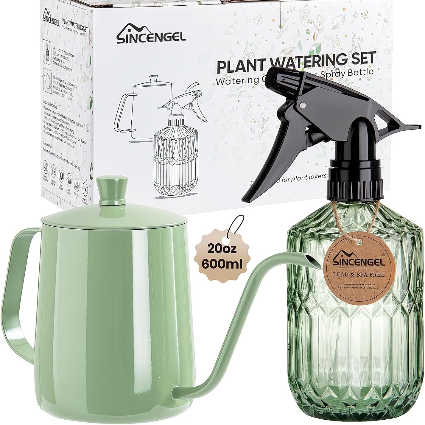 Sincengel Watering Can for Indoor Plants, 20 Oz Metal Small Plant Watering Can With Long Spout for House Plants, 13.5 Oz Glass Plant Mister Spray Bottle for Bonsai Garden Flowers Decorative (green)