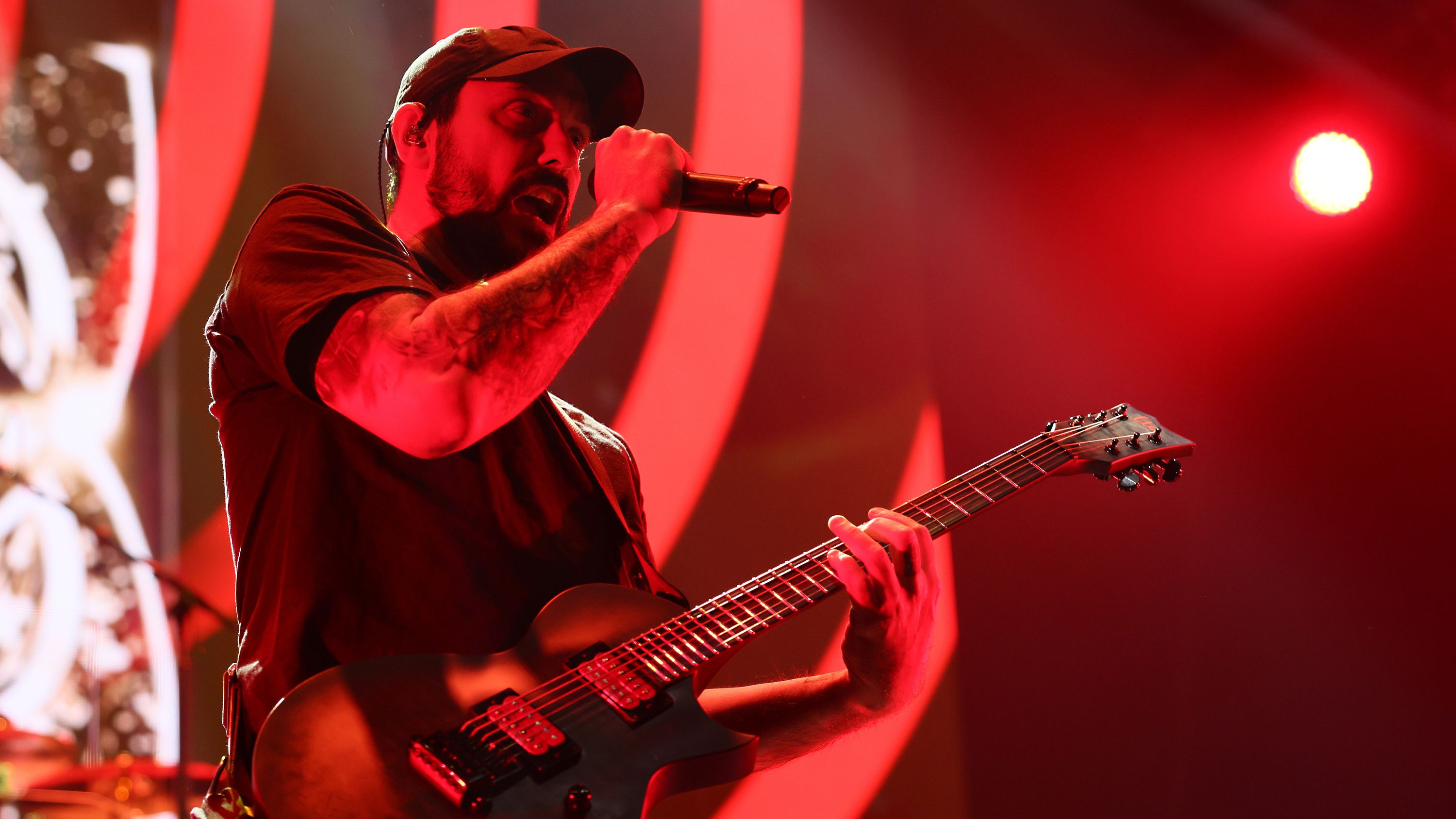 MINNEAPOLIS, MINNESOTA - MAY 28: Benjamin Burnley, of the band Breaking Benjamin performs at Target Center on May 28, 2025 in Minneapolis, Minnesota. (Photo by Adam Bettcher/Getty Images)