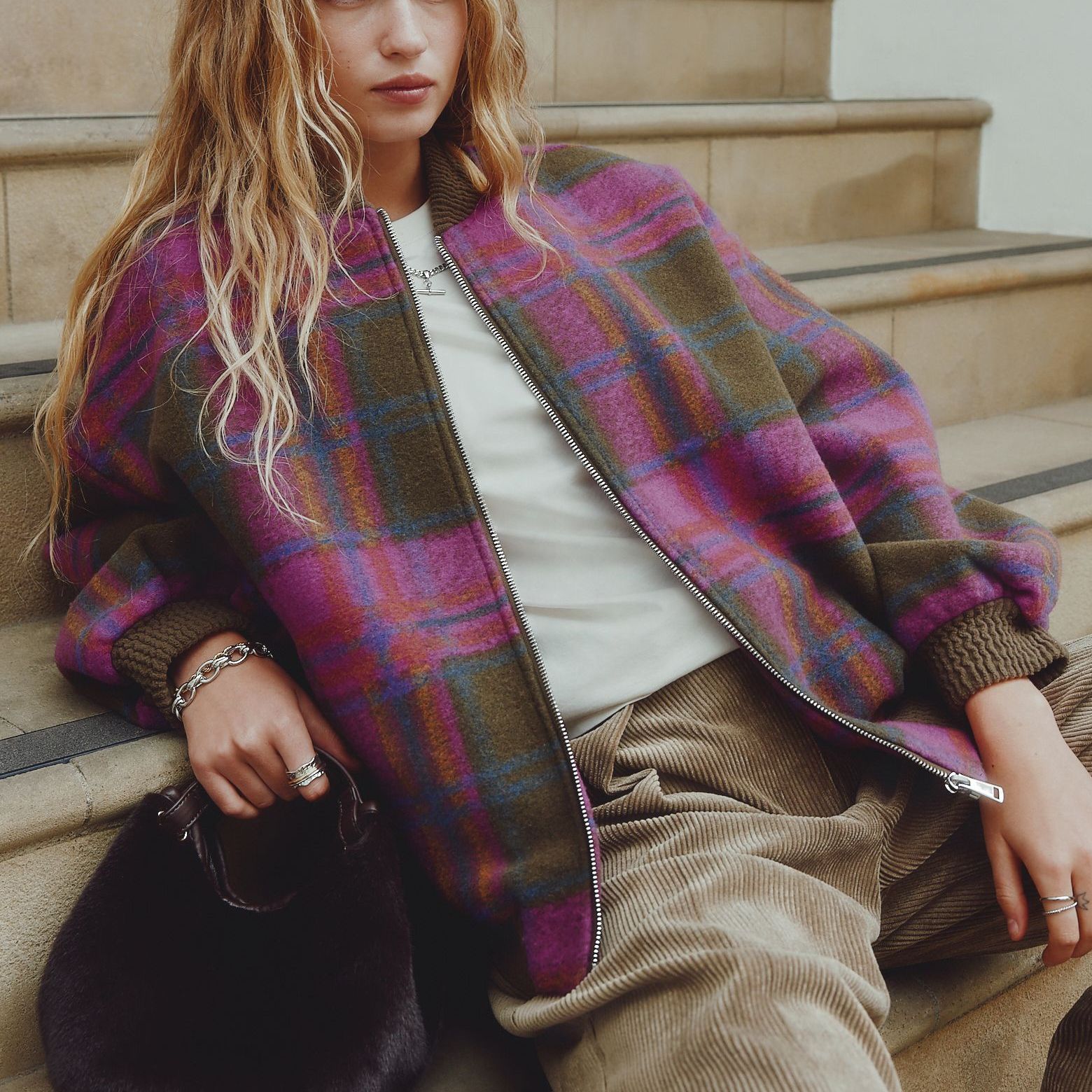 Olive Green/pink Check Ribbed Detail Brushed Bomber Jacket