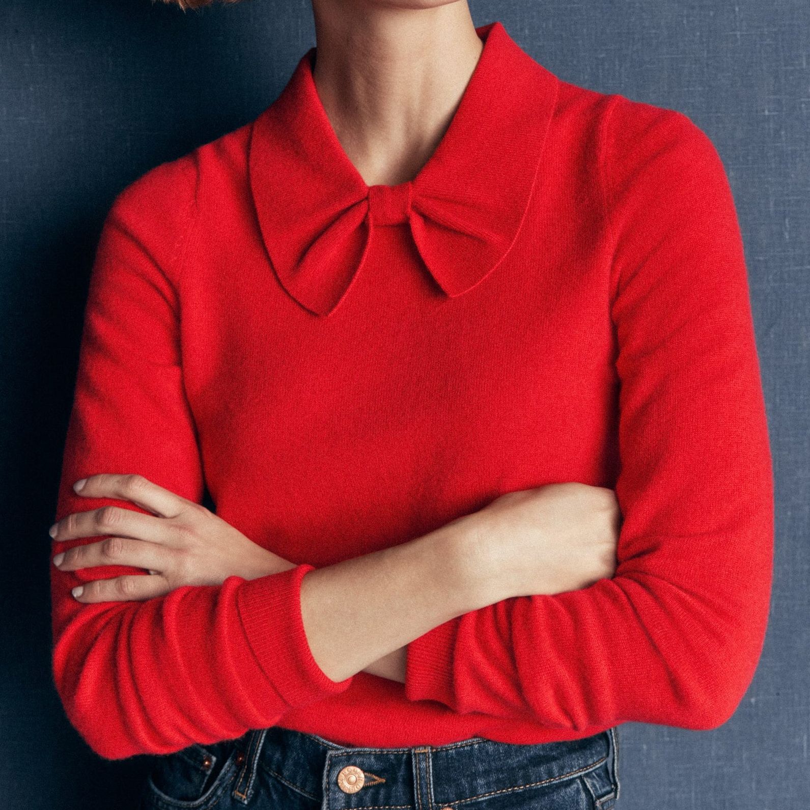 Bow Neck Knitted Jumper-Poppy Red