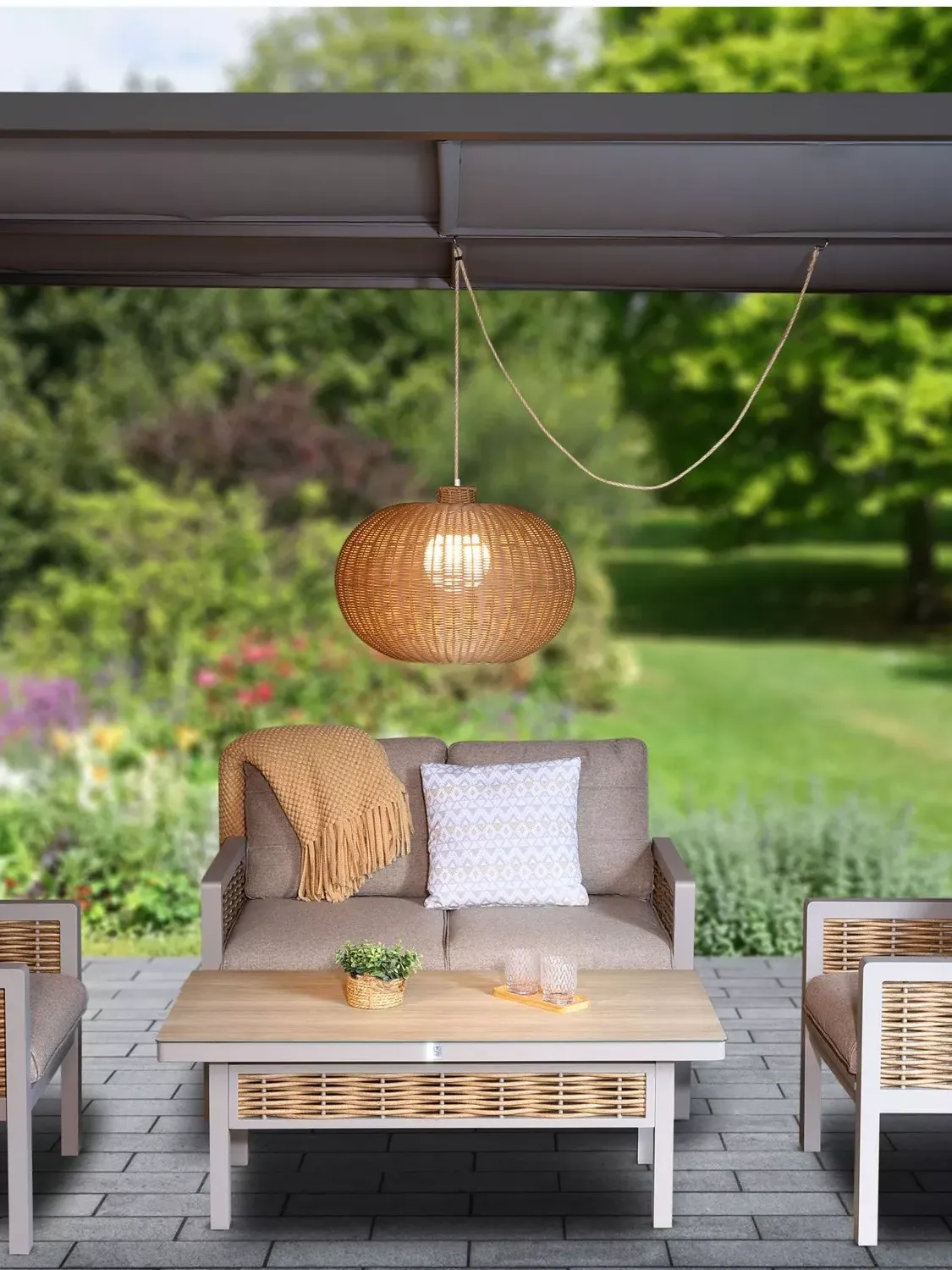 Lg Outdoor Ravello Woven Rattan Rechargeable Garden Pendant Lamp, 55cm, Sesame
