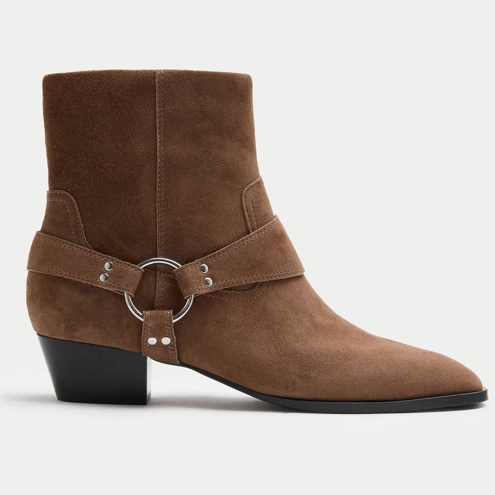 Suede Harness Block Heel Pointed Ankle Boots