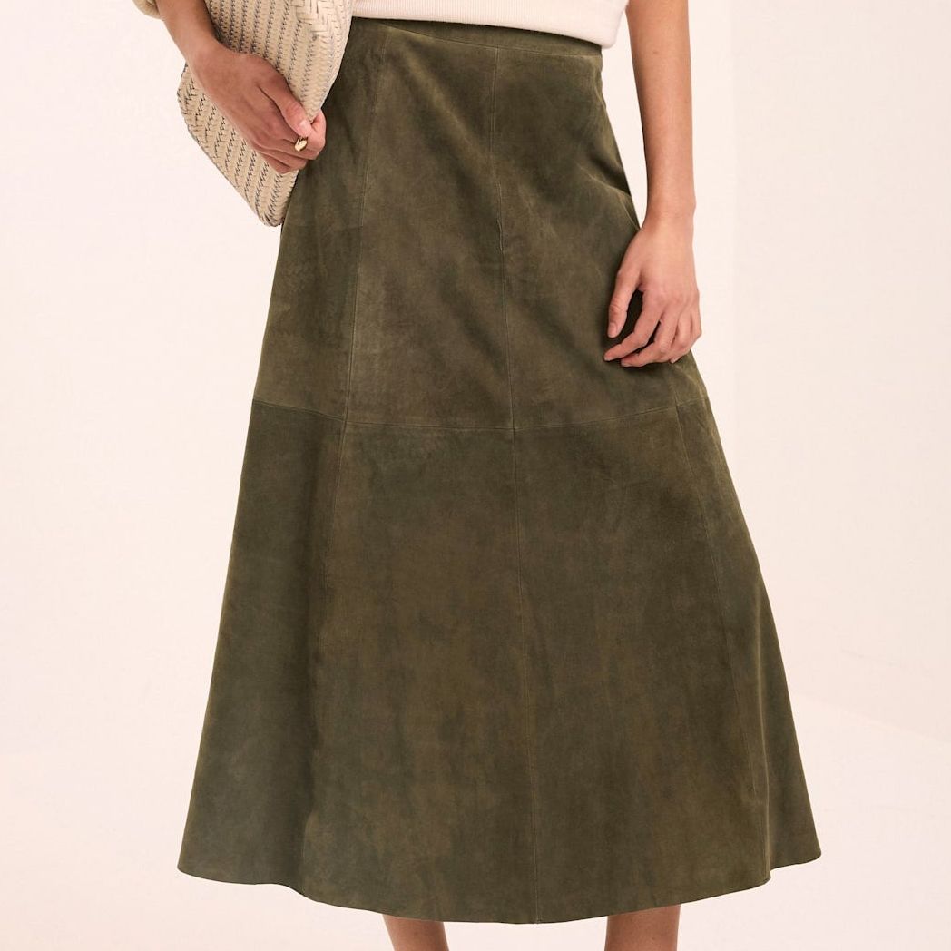 Khaki Suede Midi Skirt