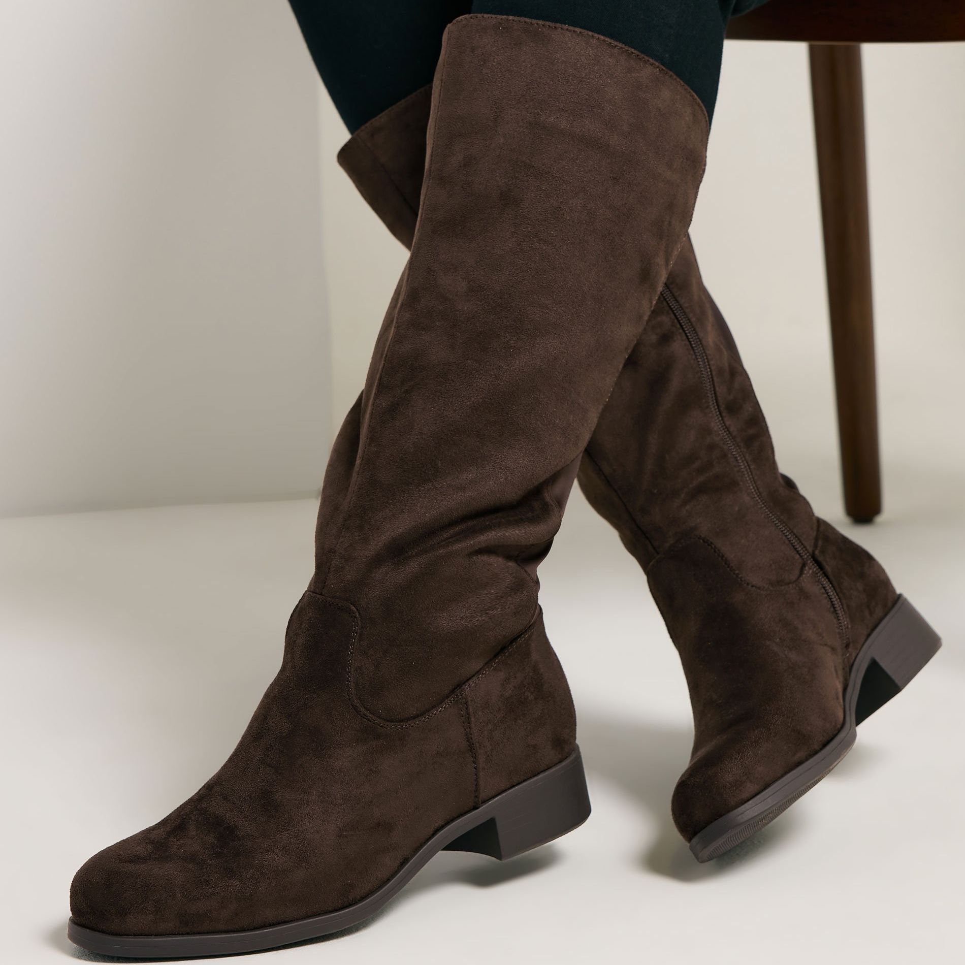 Brown Faux Suede Stretch Knee High Boots in Wide E Fit &amp;amp; Extra Wide Eee Fit