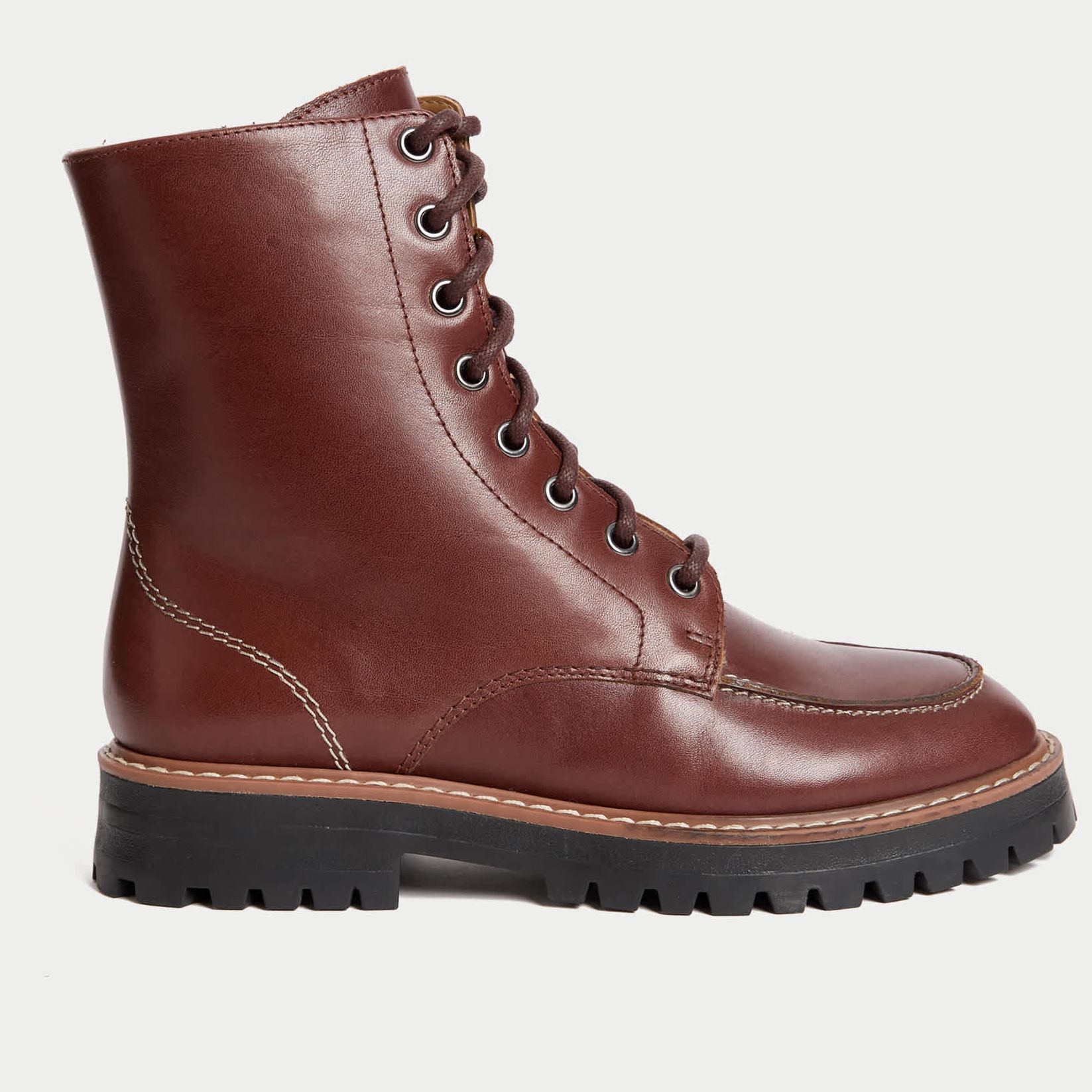 Leather Lace Up Block Heel Ankle Boots