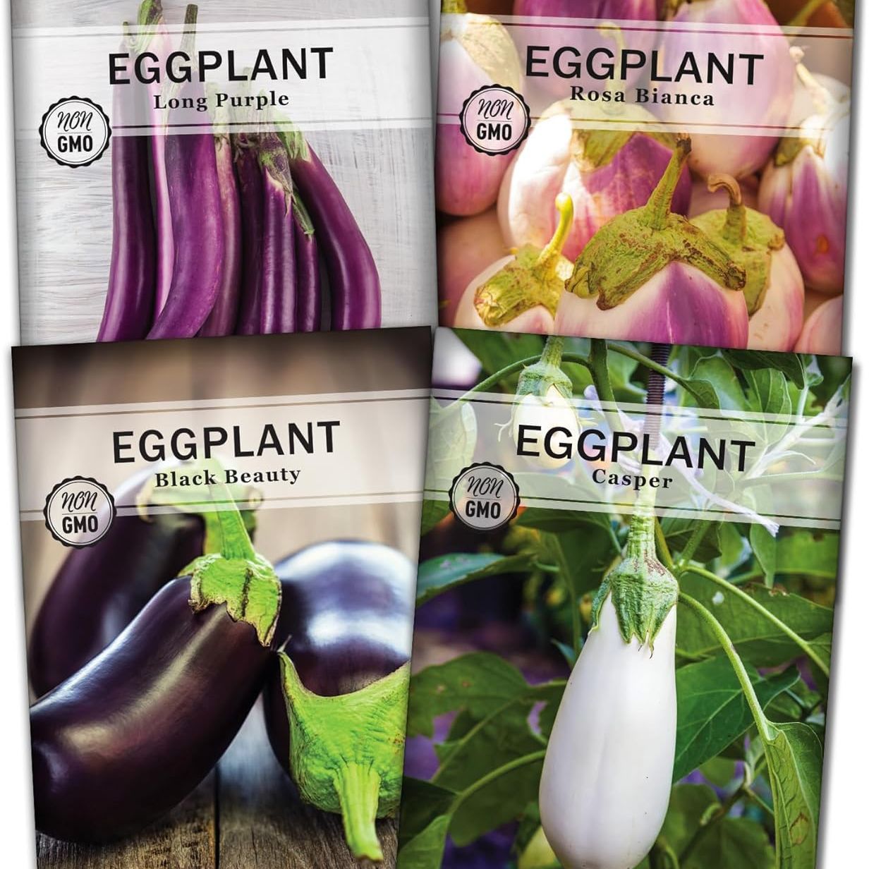 Sow Right Seeds - Eggplant Seed Collection for Planting - Black Beauty, Casper, Rosa Bianca and Long Purple Varieties - Non-Gmo Heirloom Packet - Plant and Grow an Outdoor Home Vegetable Garden