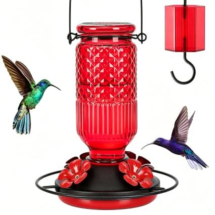 Feed Garden Glass Hummingbird Feeder for Outdoors Hanging, 16 Oz Leak-Proof Nectar Feeder With Bee Guards &amp;amp; Ant Moat, 4 Metal Flower Feeding Ports, 360&amp;deg; Perch Ring, Easy Refill &amp;amp; Clean, Red