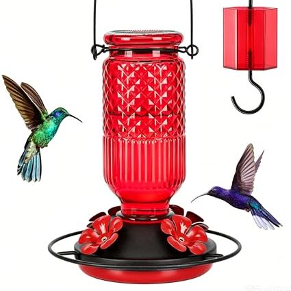 Feed Garden Glass Hummingbird Feeder for Outdoors Hanging, 16 Oz Leak-Proof Nectar Feeder With Bee Guards &amp;amp; Ant Moat, 4 Metal Flower Feeding Ports, 360&amp;deg; Perch Ring, Easy Refill &amp;amp; Clean, Red