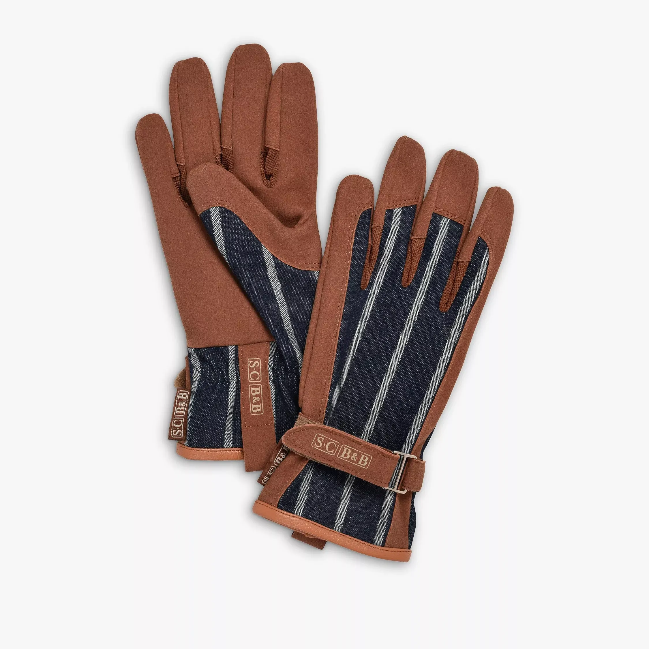 Sophie Conran for Burgon &amp;amp; Ball Leather Trim Striped Gardening Gloves, Brown/blue