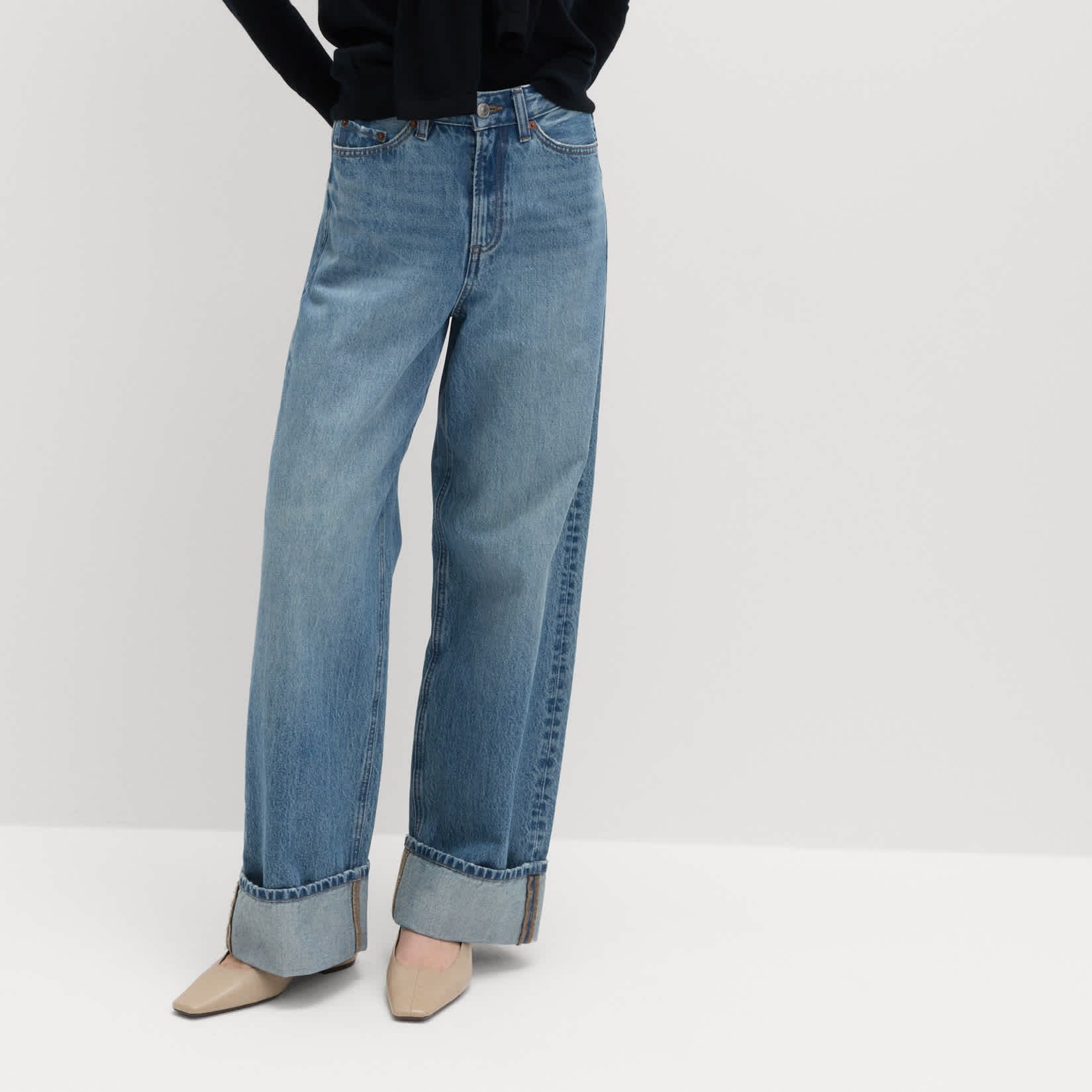 High Waisted Wide Leg Turn Up Jeans