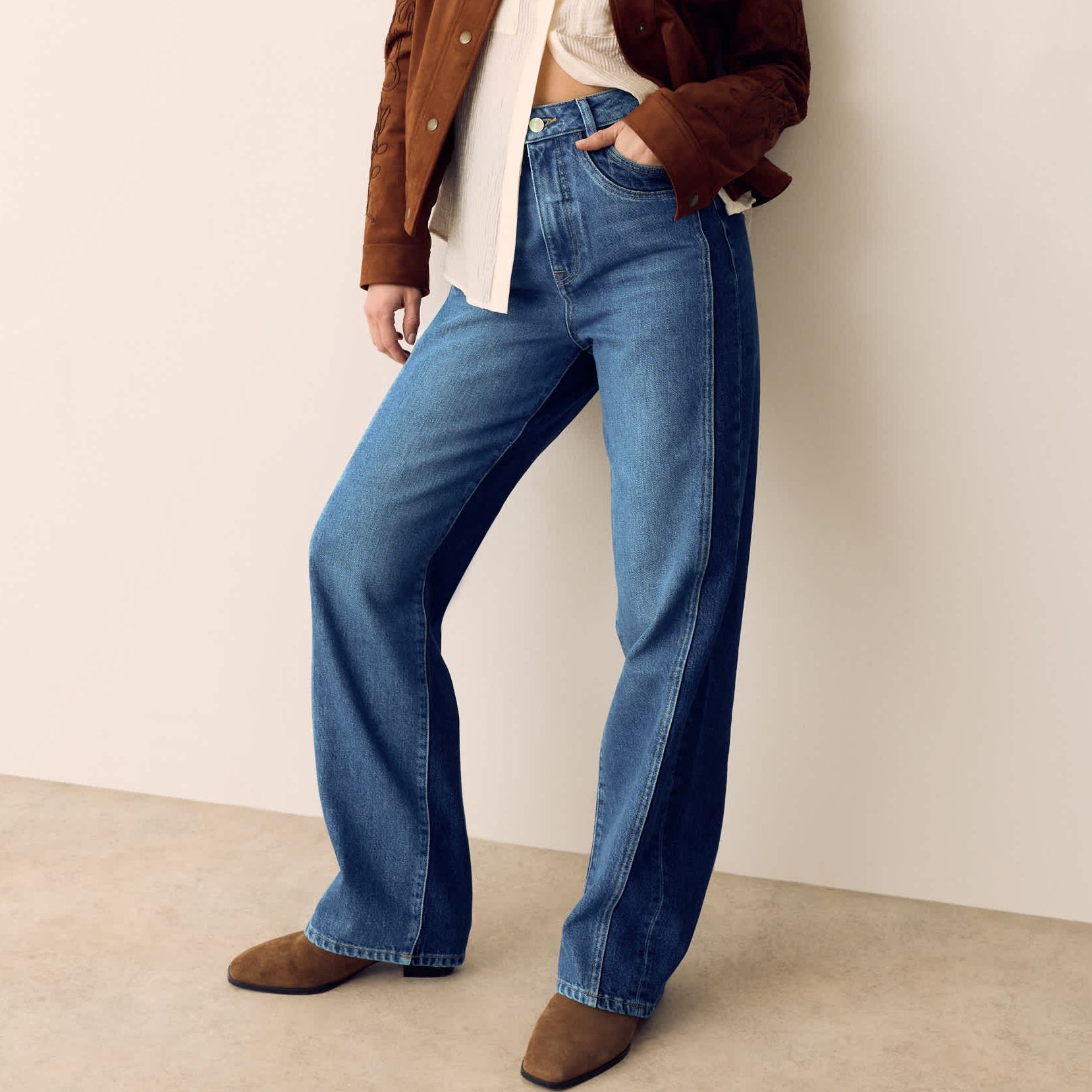 Two Tone High Waisted Straight Leg Jeans