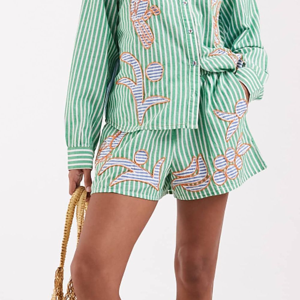 River Island Striped Toucan Embellished Shorts in Mid Green