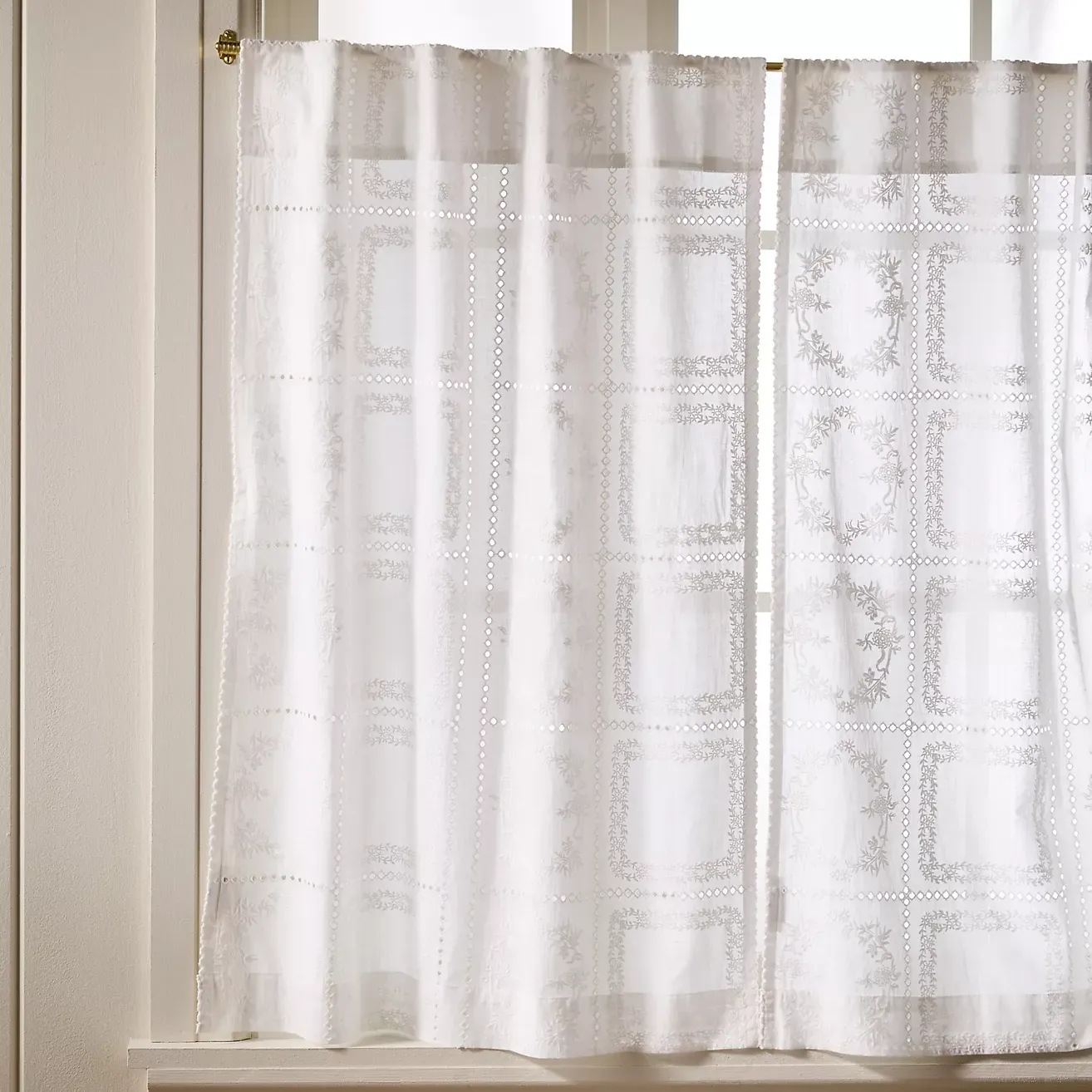 Cotton Eyelet Embroidered Sheer Cafe Curtain, Set of 2