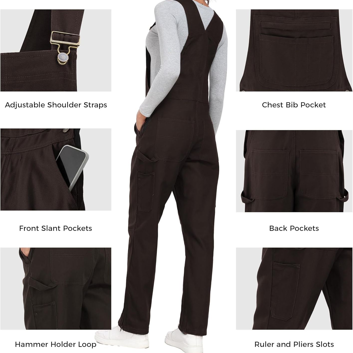 Ubon Women&#039;s Relaxed Fit Canvas Bib Overall Ripstop Workwear Regular and Petite Sizes, Black, X-Small Short