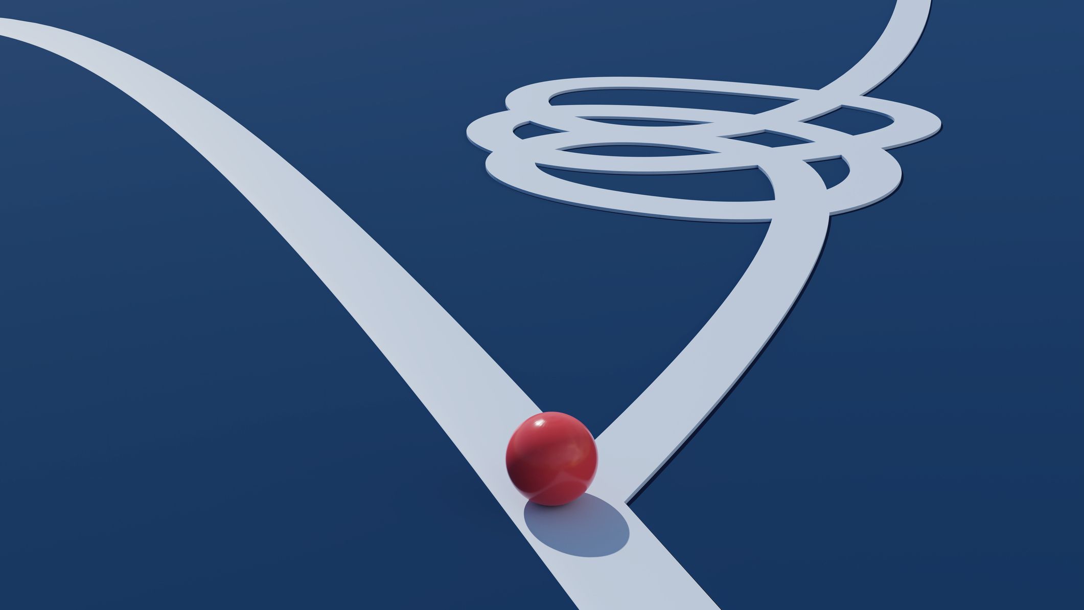 Digitally generated image of a ball on a simple path stoping near a complex and tangled path.