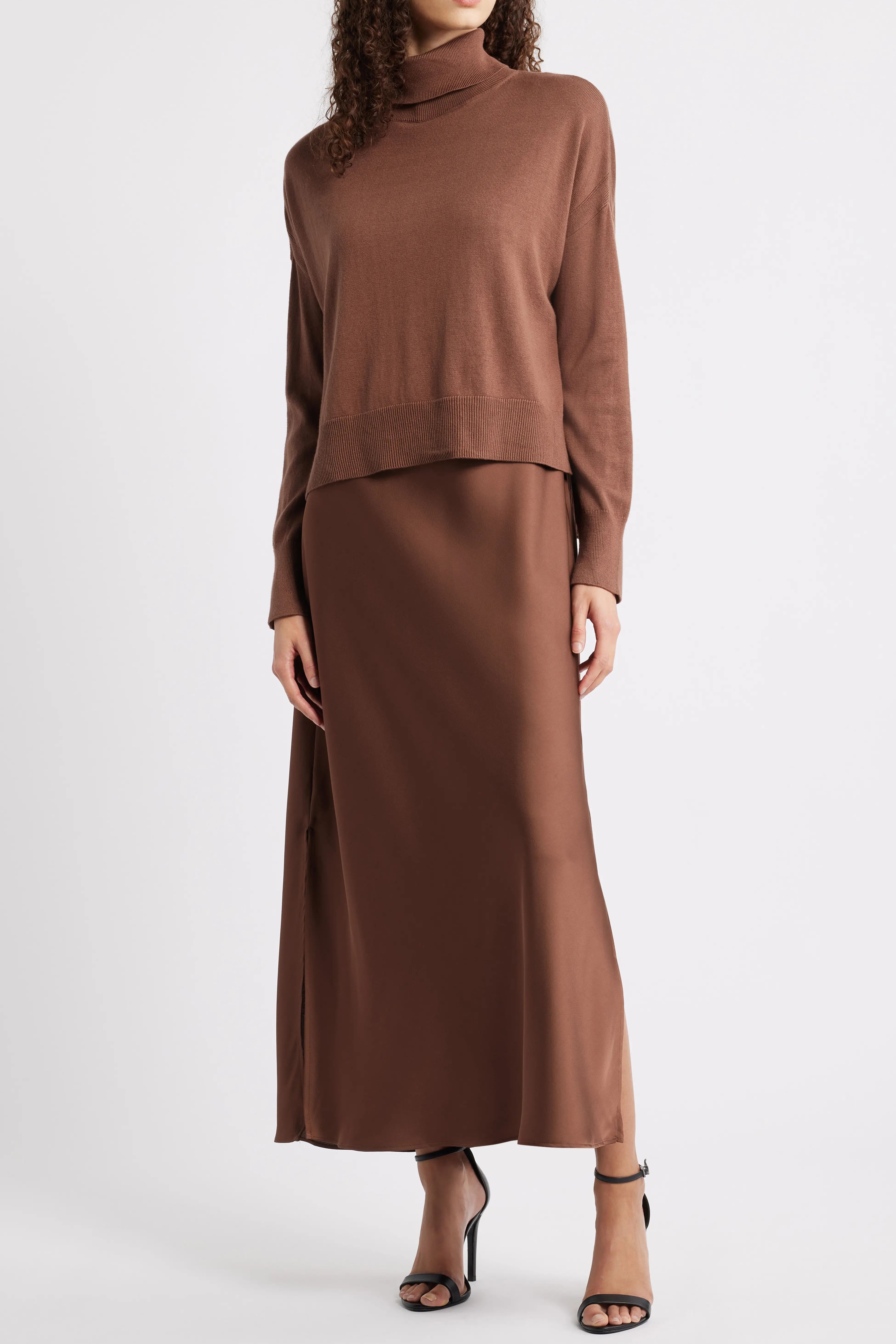 Halogen Turtleneck Sweater &amp;amp; Satin Slipdress Set