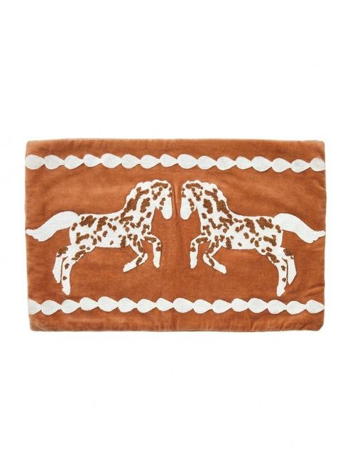Brown & Cream Embroidered Horse Velvet Cushion Cover 