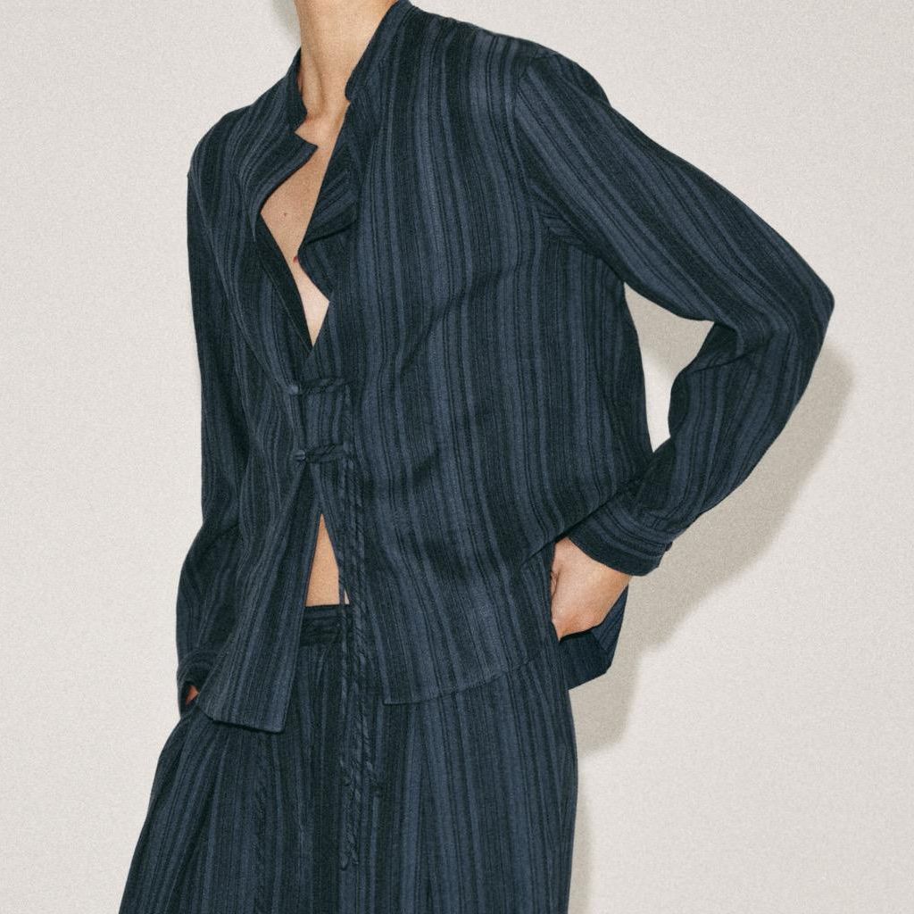 Zw Collection Striped Shirt With Frog Fastening - Indigo - Xs