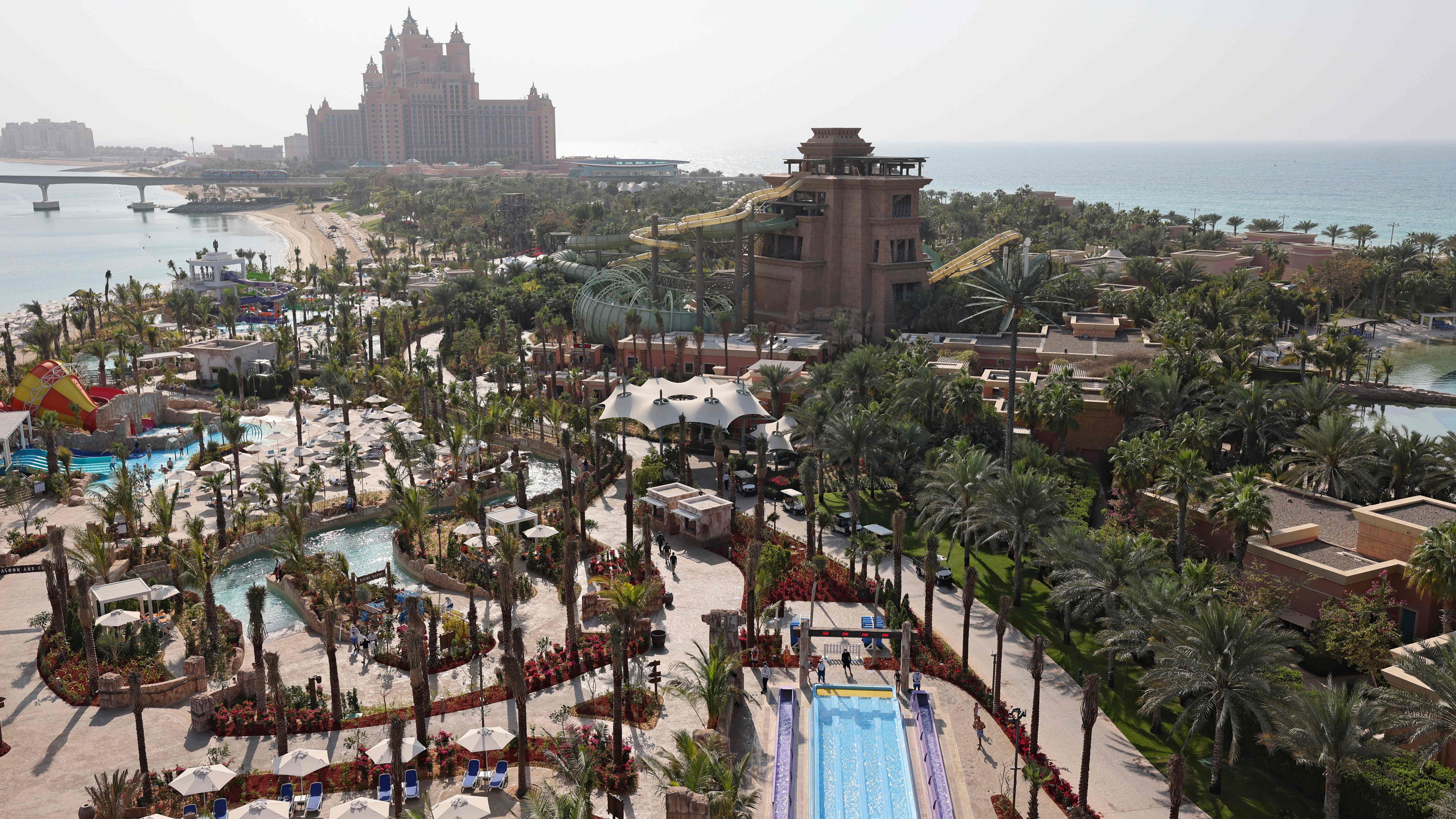 A picture taken on February 25, 2021, shows a view of the The Palms Aquaventure waterparks in Dubai. - The park is set to reopen in March after new extensions were added to it. (Photo by Karim SAHIB / AFP) (Photo by KARIM SAHIB/AFP via Getty Images)