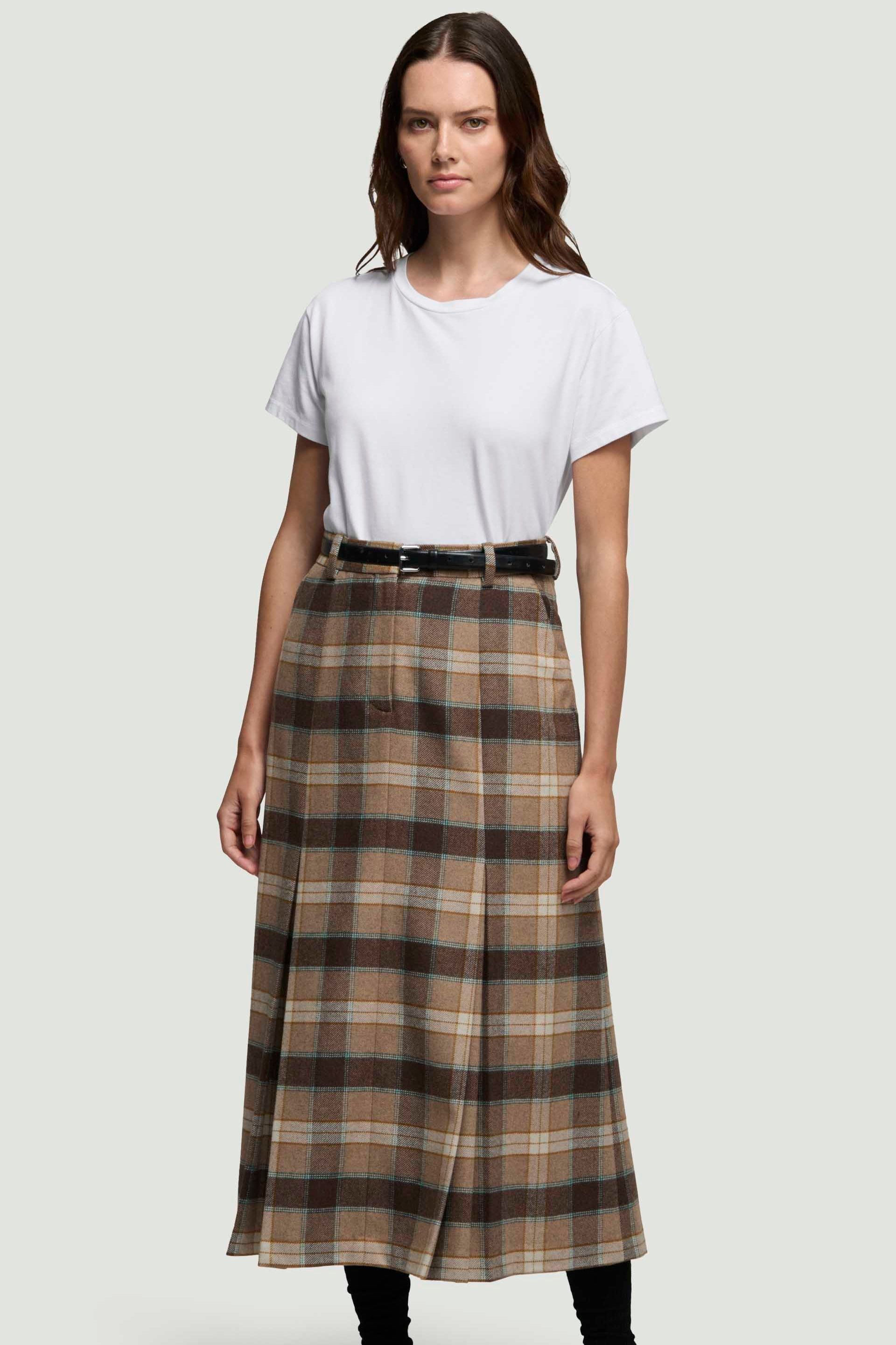 Godet Skirt in Wool | Brown Plaid