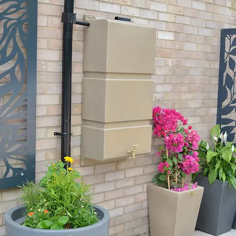 Wall Mounted Water Butt Tank with Tap and Diverter Kit Sandstone