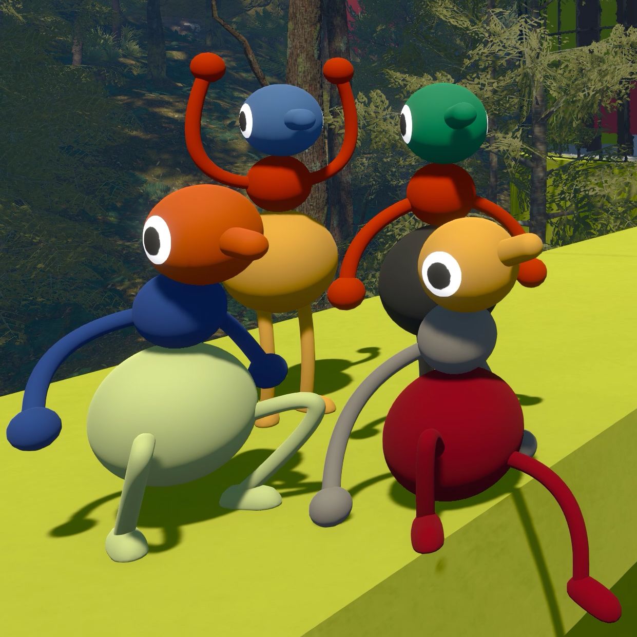 Four players on a bridge, one holding up arms, others sitting or crouching