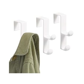Idesign Over the Door Plastic Dual Hook Hanger for Coats, Jackets, Hats, Robes, Towels, Ideal for Bathroom, Bedroom, Mudroom, Set of 3, White