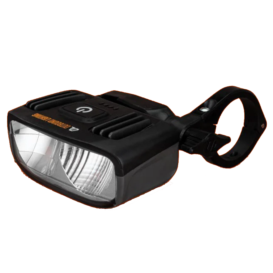 A black bike light against a white background