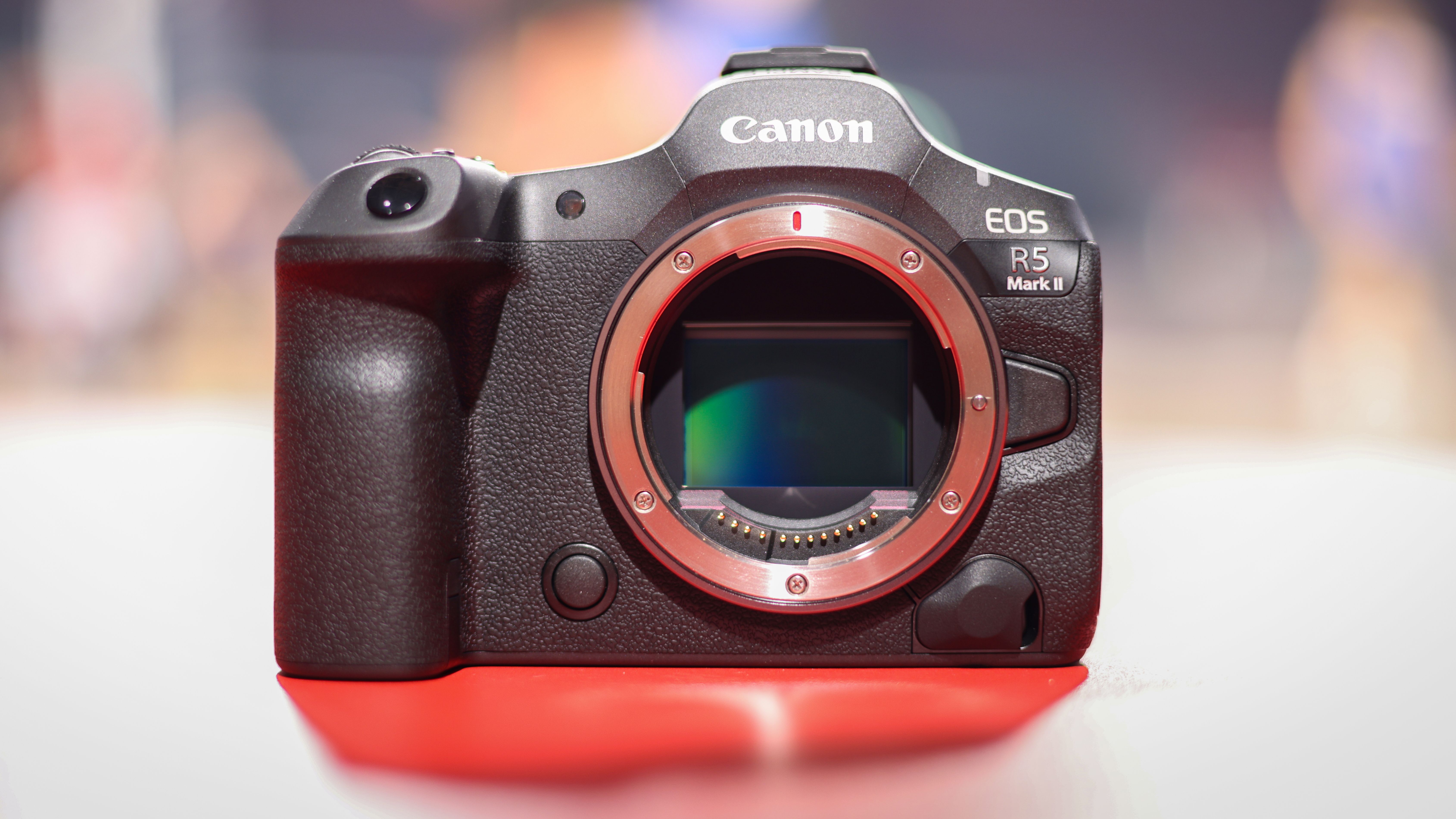 Canon EOS R5 Mark II on the court in front of a basketball game