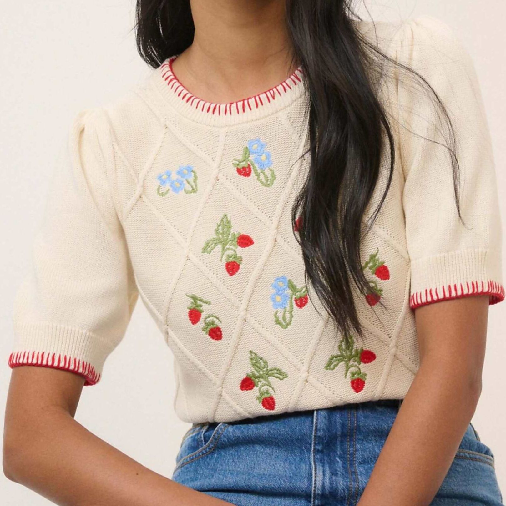 Nobodys Child Strawberry Embroidered Knitted T-Shirt in Cream