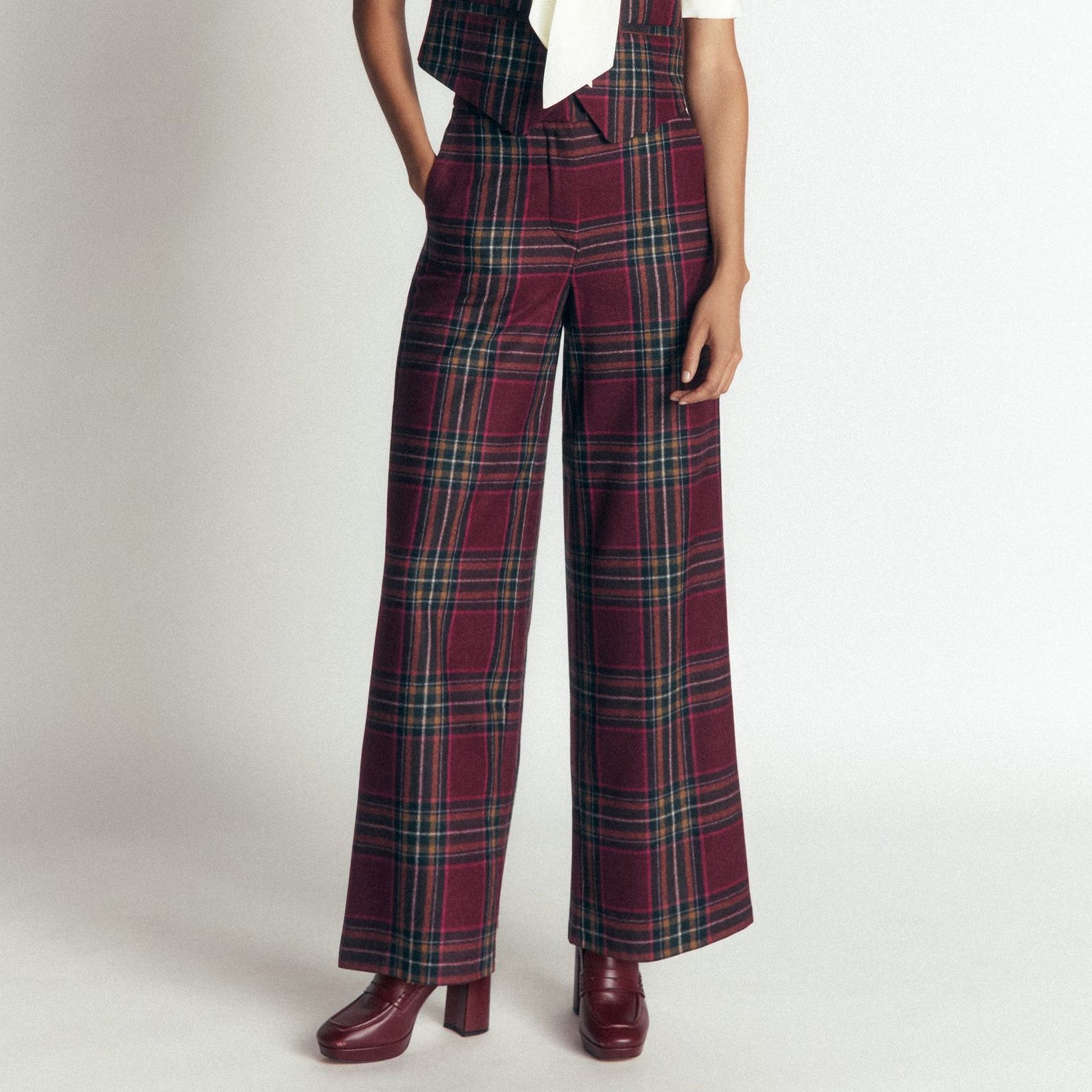 Belgravia Wool Blend Trousers-Maroon and Olive Check