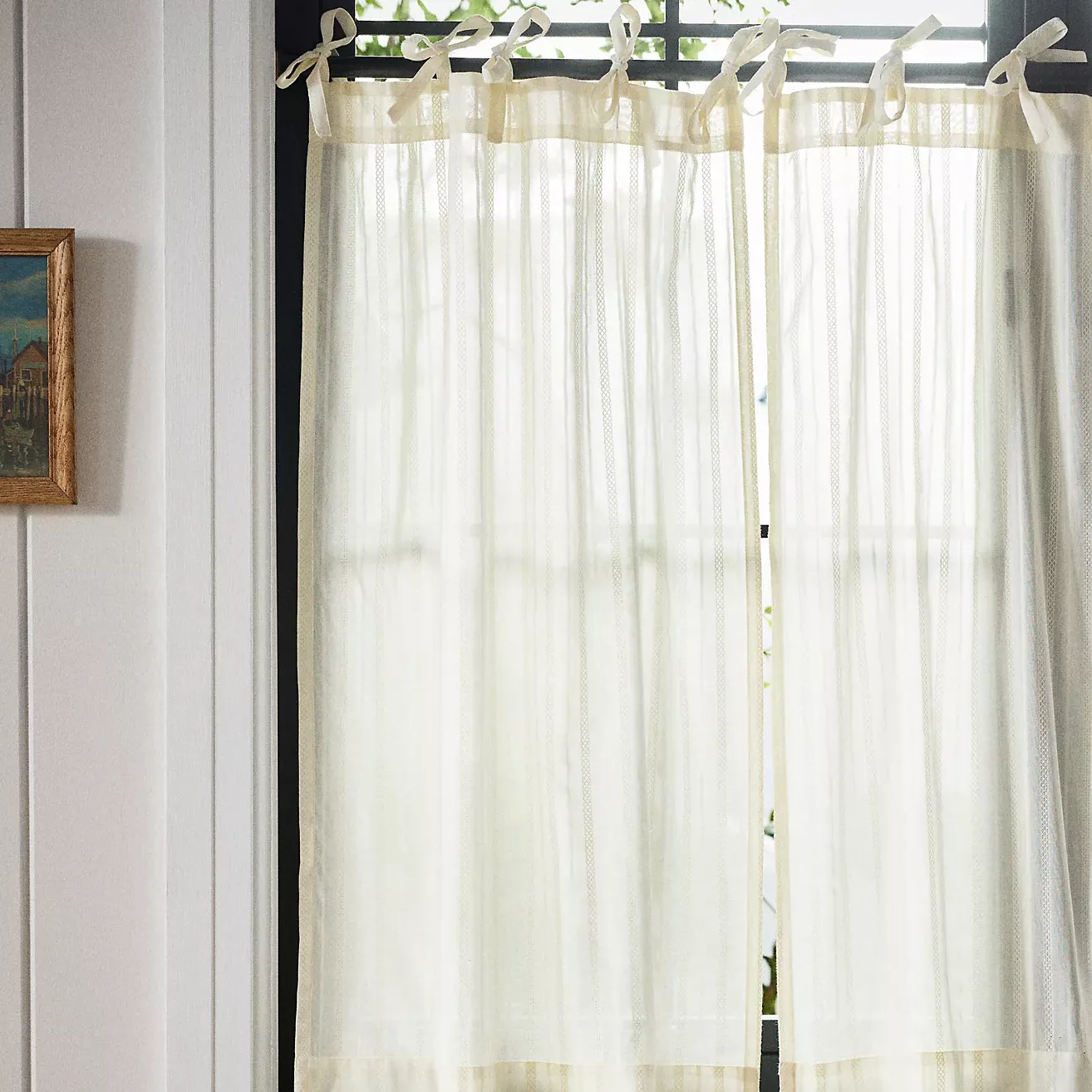 Cotton Dobby Striped Sheer Tie-Top Caf&amp;eacute; Curtains, Set of 2