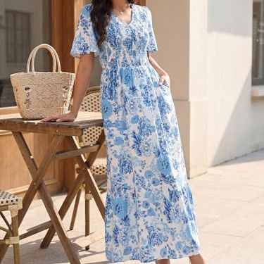 Seta T Women's Summer Casual Floral Short Flutter Sleeve V Neck Smocked High Waist Flowy Maxi Dress With Pockets Blue S