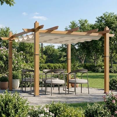 Garveetech 10x10 Ft Pergola Gazebo With Adjustable Canopy, Heavy-Duty Aluminum Sun Shelter With Faux Wood Finish for Outdoor Patio, Deck &amp;amp; Garden