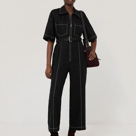 Linen Contrast Stitch Jumpsuit | Black