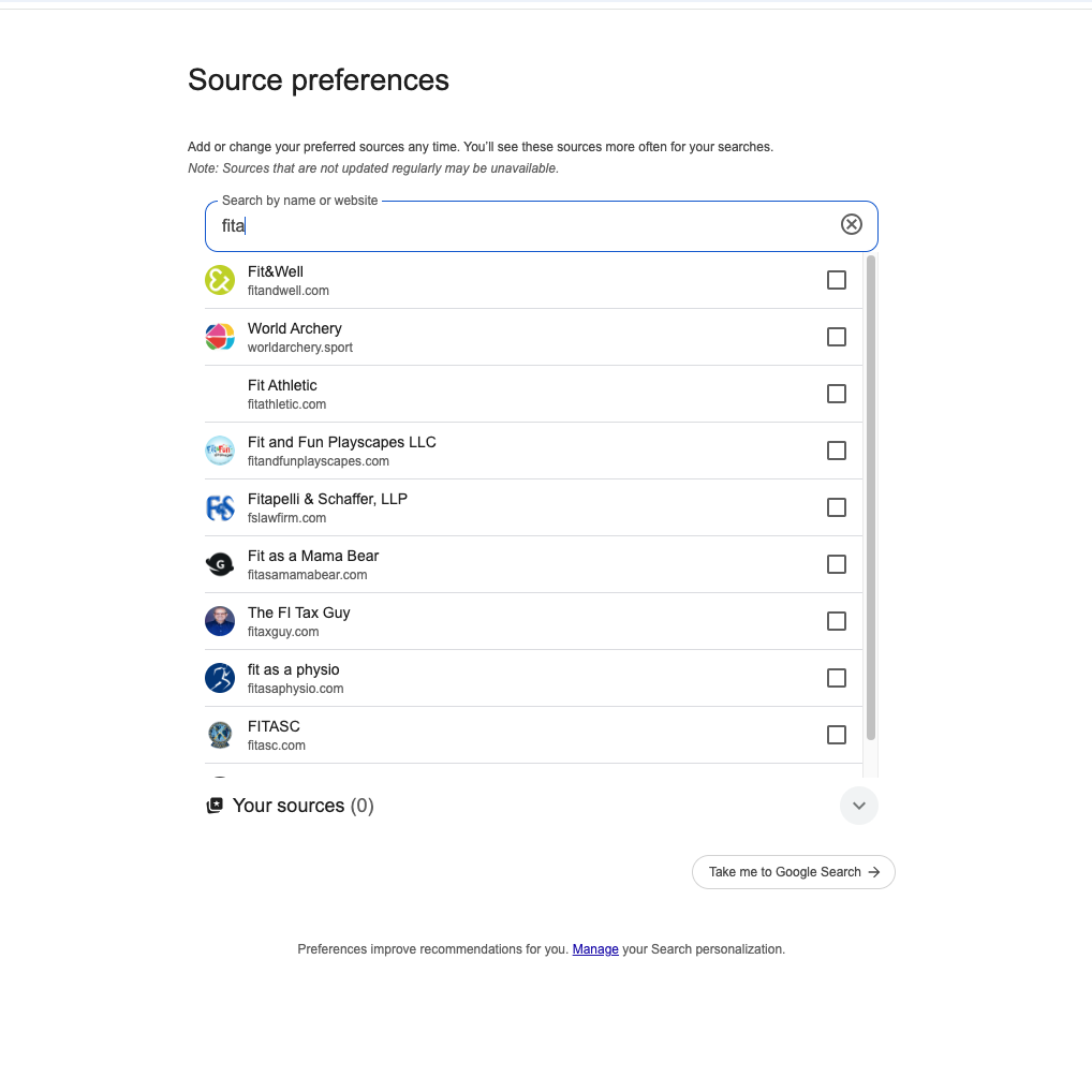 A screenshot of Google&amp;rsquo;s Source preference webpage