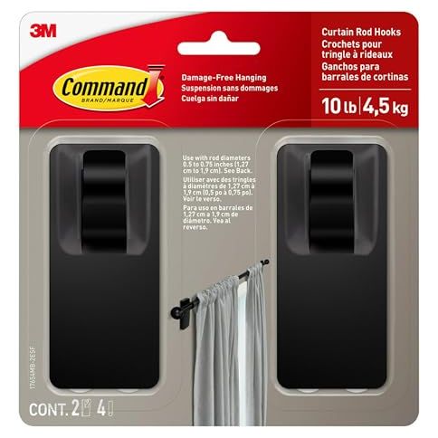 Command 10 Lb Matte Black Curtain Rod Hooks, 2 Hooks and 4 Command Strips, No Drilling Christmas Decorations, Use With Rod Diameters 0.5-0.75&quot;