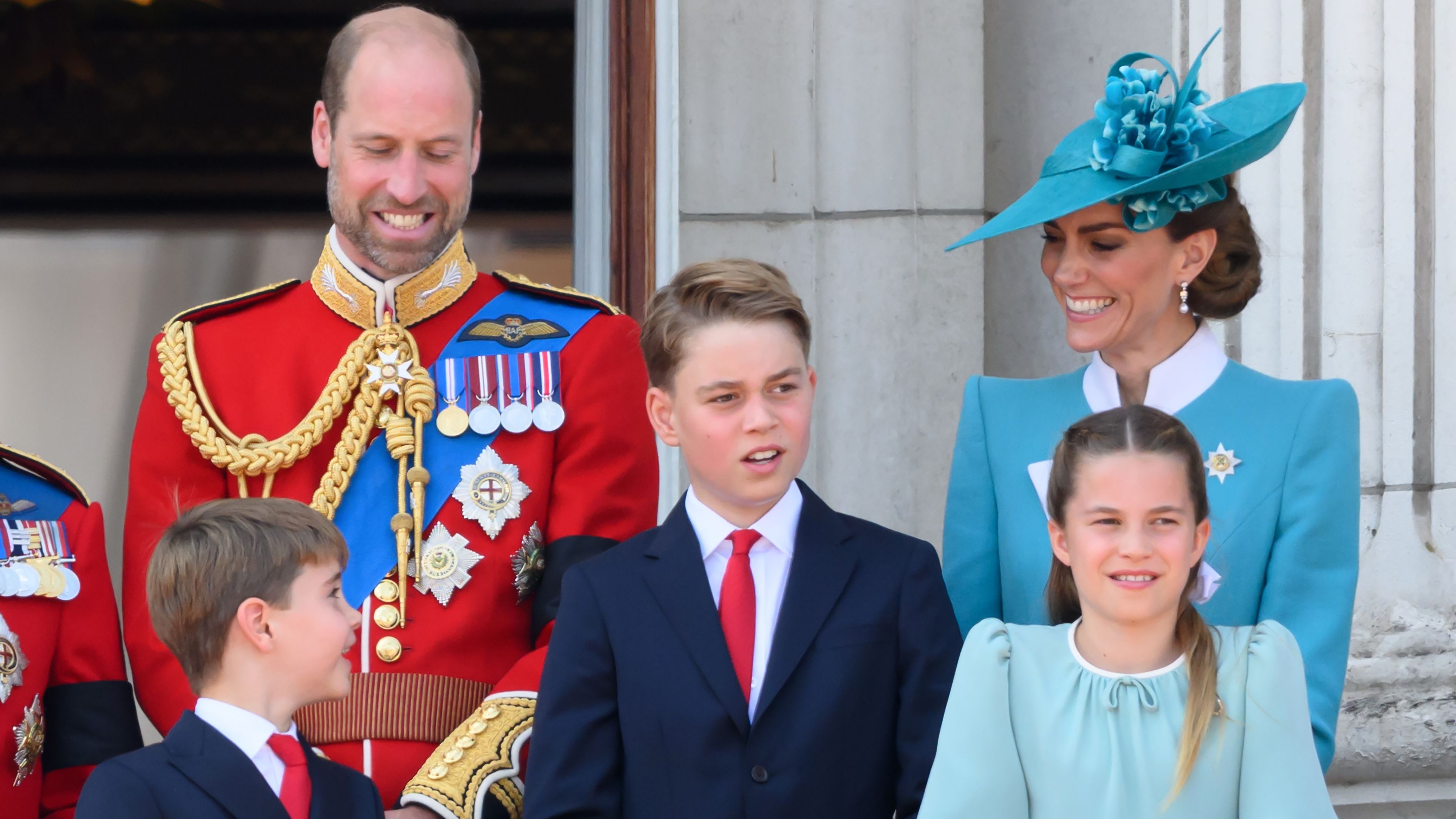 Prince Louis, Prince William, Prince George, Catherine, Princess of Wales and Princess Charlotte on the balcony of Buckingham Palace during Trooping The Colour 2025