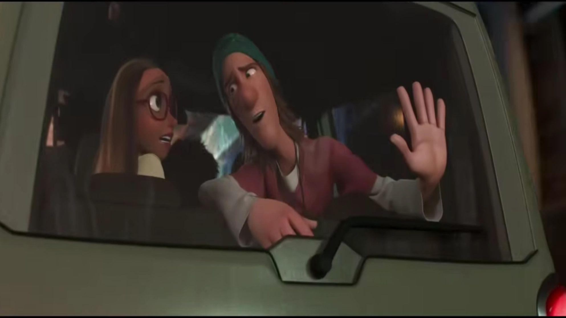 Characters having a discussion in the back of a car in Big Hero 6