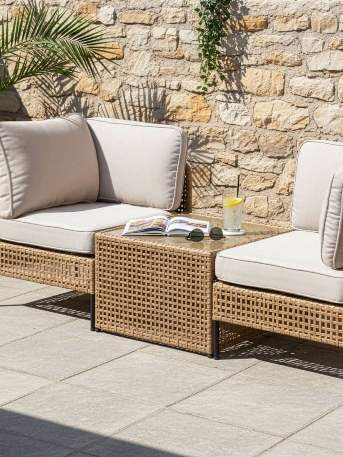 Outdoor Modular 2-Seater Sofa Set With Glass Table Beige