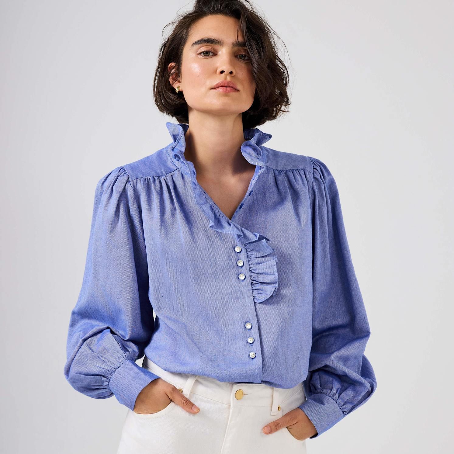 Blue Cotton Chambray Ruffle Blouse