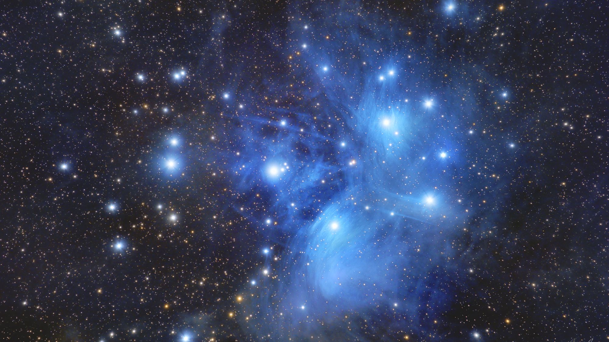 Faint Spiral Galaxy Photobombs the 'Seven Sisters' | Space, image size:2000x1125